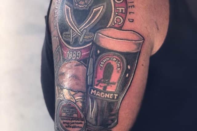 The Greasy Chip Butty Song tattoo created by Roy Palmer for a Sheffield United superfan