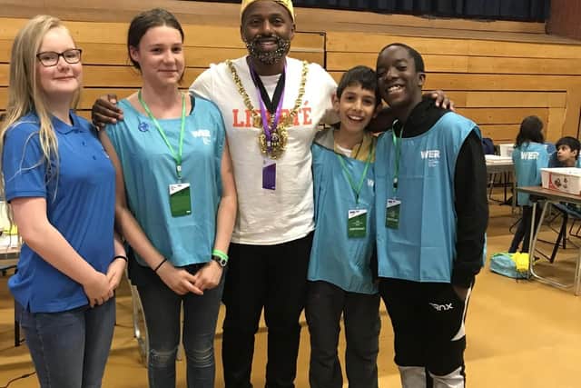 Jacob Sibandaand Kirin Harrington, right, with Lod Mayor of Sheffield Magid Magid and other participants at the finals at the University of Sheffield in July