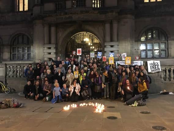 Friends of the jailed anti-fracking protestor Simon Roscoe Blevins gather in a show of solidarity outside Sheffield Town Hall (pic: Frack Free South Yorkshire)