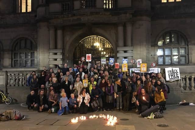 Friends of the jailed anti-fracking protestor Simon Roscoe Blevins gather in a show of solidarity outside Sheffield Town Hall. Picture: Frack Free South Yorkshire