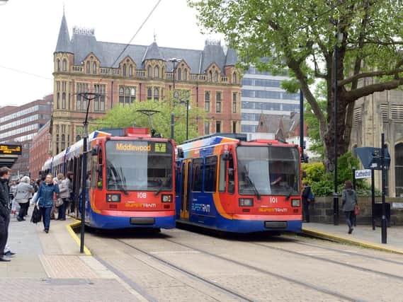 Trams in Sheffield city centre.