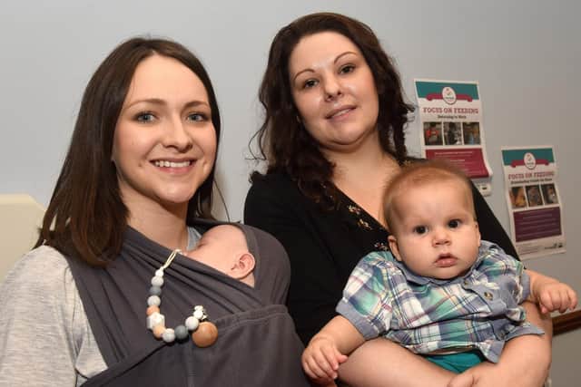Lucy Mellon-Jameson with Jude and Kelly Gray with Charlie at the opening of a new breastfeeding room at the Sheffield Town Hall.