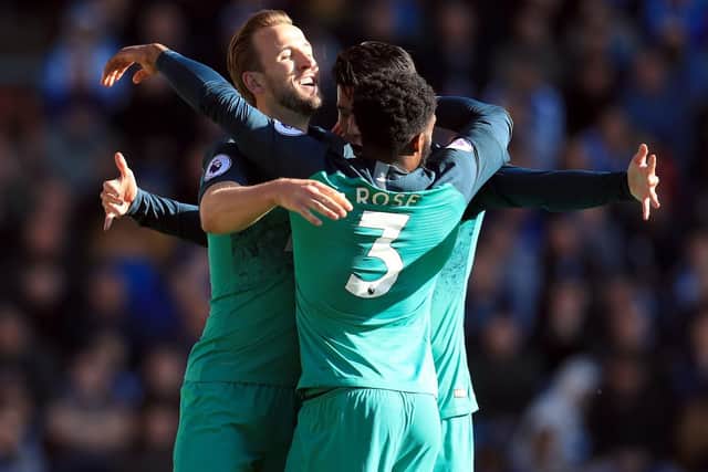 Tottenham Hotspur's Harry Kane celebrates scoring his side's second goal of the game against Huddersfield. Mike Egerton/PA Wire.