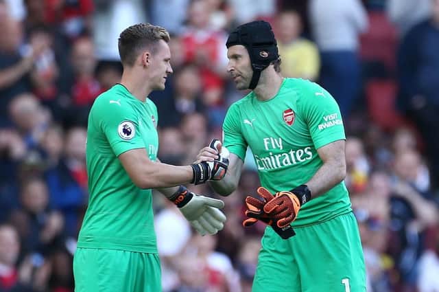 Arsenal goalkeeper Petr Cech (right) is replaced by team-mate Bernd Leno after picking up an injury.  Yui Mok/PA Wire.