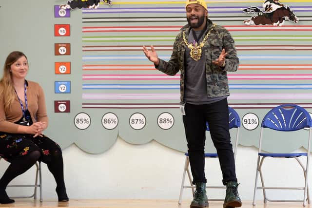 Lord Mayor of Sheffield Coun Magid Magid speaks to pupils