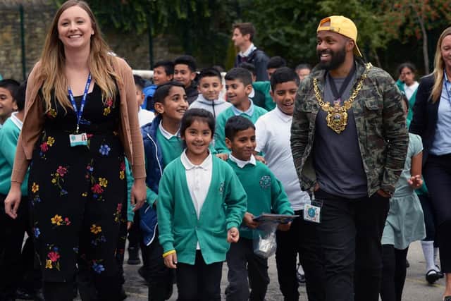 Lord Mayor of Sheffield Cllr Majid Majid and co-headteacher Katie Hall on his visit to Nether Edge Primary School