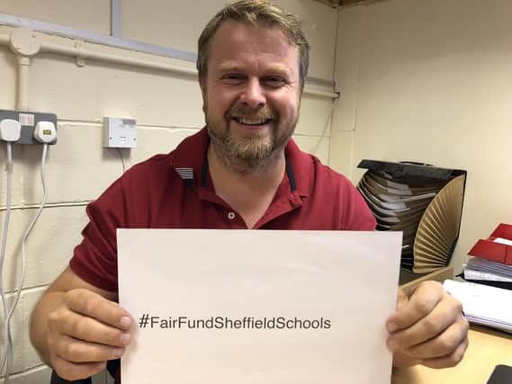 Ian Chester, the director of Yorkshire Windows shows his support for the  #FairFundSheffieldSchools campaign