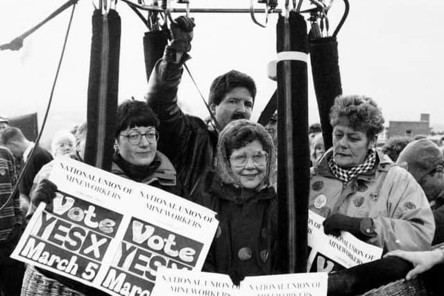 Bernadette Lingard, Judith Woodall and Dot Rodgers take part in a protest by balloon at Houghton Main