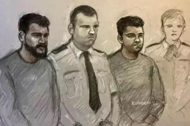 Court artist sketch by Elizabeth Cook of Farhad Salah (left) and Andy Star (second right) are accused of preparing a home-made bomb for a terrorist attack in the UK.Sketch made during their first court hearing at Westminster Magistrates' Court last year.