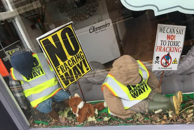 The anti-fracking display in the window of Clemmies hair and beauty.