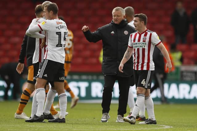 Chris Wilder manager of Sheffield Utd celebrates the win with his players