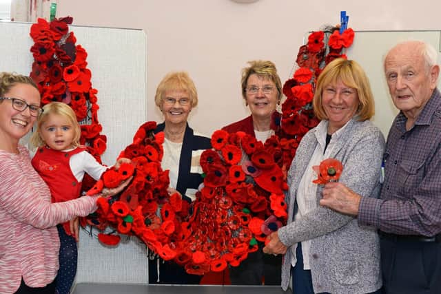 Olivia Walstow, Eliza Walstow, two, volunteers, Joyce Wood, Jan Travis, Sheila Hattersley and Eric Wood, all members of the church, pictured with a completed cascade.
