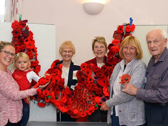 Olivia Walstow, Eliza Walstow, two, volunteers, Joyce Wood, Jan Travis, Sheila Hattersley and Eric Wood, all members of the church, pictured with a completed cascade.