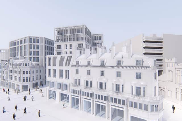 An artist's impression of the Laycock Block, with Cross Burgess Street to the north, Pinstone Street to the east and Charles Street to the west - part of Heart of the City II in Sheffield.