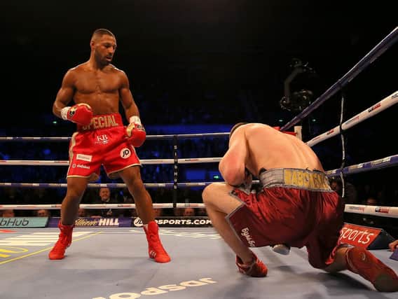 Sergey Rabchenka is knocked down induring his fight against Kell Brook at the FlyDSA Arena, Sheffield