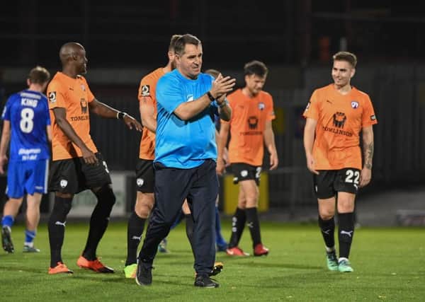 Chesterfield manager Martin Allen salutes the travelling fans: Picture by Steve Flynn/AHPIX.com, Football: Vanarama National League match FC Halifax Town -V- Chesterfield at The Shay, Halifax, West Yorkshire, England on copyright picture Howard Roe 07973 739229