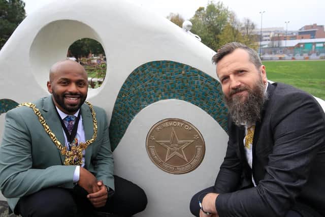 Former Tramlines festival director Sarah Nulty - who died aged 36, just weeks before this year's music festival - was honoured today with a commemorative plaque on Devonshire Green. Pictured is The Lord Mayor of Sheffield Magid Magid, Timm Cleasby, Tramlines music festival.