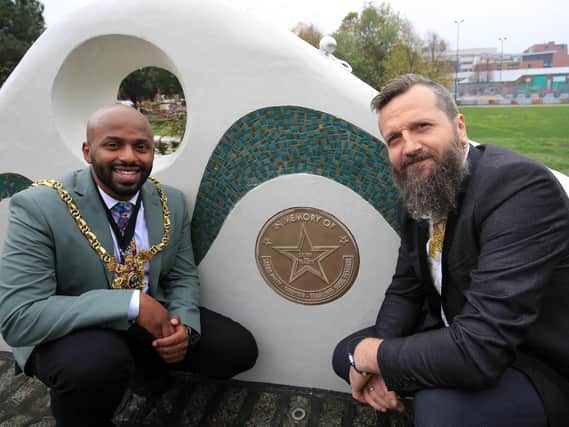 Former Tramlines festival director Sarah Nulty - who died aged 36, just weeks before this year's music festival - was honoured today with a commemorative plaque on Devonshire Green. Pictured is The Lord Mayor of Sheffield Magid Magid, Timm Cleasby, Tramlines music festival.