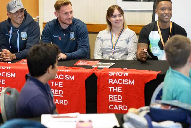 Show Racism The Red Card Event at Sheffield Wednesday FC Hillsborough. Talking to the children about Racism are from LtoR  Liam Palmer(Owls), Tom Lees(Owls skipper),Molly Fitzpatrick(South Yorks Police) and Richard Offiong.....Pic Steve Ellis