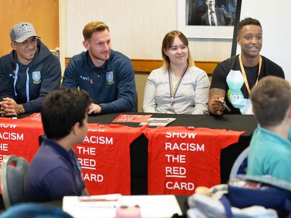 Show Racism The Red Card Event at Sheffield Wednesday FC Hillsborough. Talking to the children about Racism are from LtoR  Liam Palmer(Owls), Tom Lees(Owls skipper),Molly Fitzpatrick(South Yorks Police) and Richard Offiong.....Pic Steve Ellis