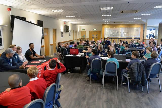 The children take part in a Q&A with Liam Palmer(Owls), Tom Lees(Owls skipper),Molly Fitzpatrick(South Yorks Police) and Richard Offiong.....Pic Steve Ellis.