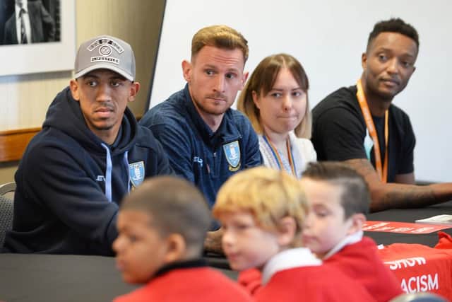 Liam Palmer(Owls), Tom Lees(Owls skipper),Molly Fitzpatrick(South Yorks Police) and Richard Offiong during the Show Racism The Red Card event.....Pic Steve Ellis.