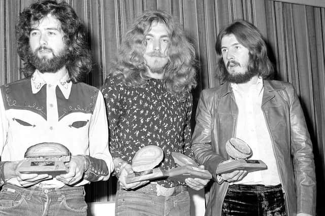 From left,  Led Zeppelin's Jimmy Page, Robert Plant and John Bonham at a Melody Maker awards ceremony in 1970