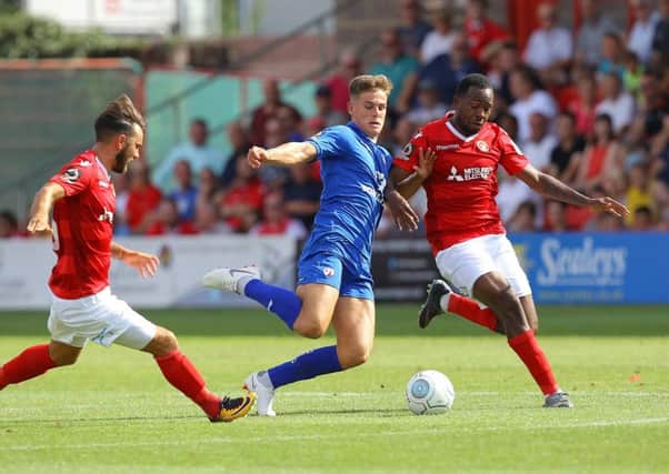 Picture by Gareth Williams/AHPIX.com; Football; Vanarama National League; Ebbsfleet United v Chesterfield FC; 04/08/2018 KO 15:00; The Kuflink Stadium; copyright picture; Howard Roe/AHPIX.com; Spireites' Charlie Carter tries to force his way through the Ebbsfleet midfield