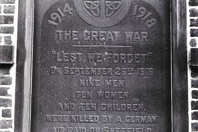 A famous plaque on the wall of Cocker Brothers, Effingham Road, recording the deaths in a World War One Zeppelin air raid