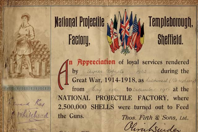 A certificate of appreciation presented to workers at the National Projectile Factory