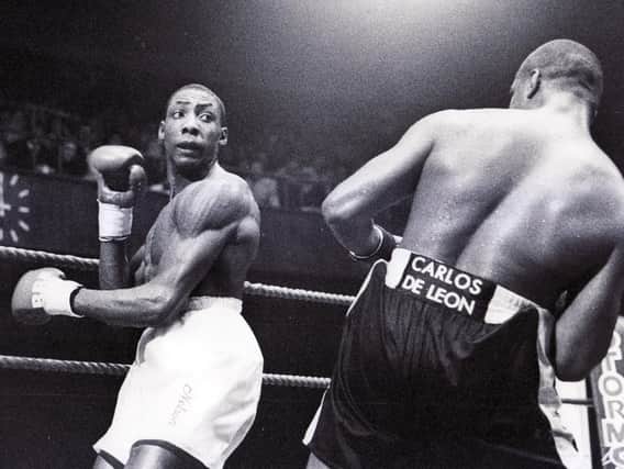 Sheffield boxer Johnny Nelson pictured with Carlos de Leon - 1990