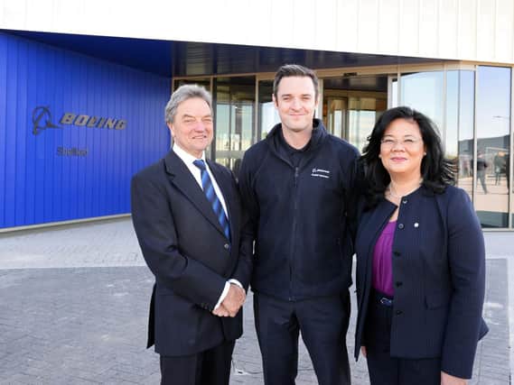 Sir Michael Arthur, President , Boeing Europe and Managing Director, Boeing UK and Ireland, pictured outside the new manufacturing facility with James Needham, Boeing Sheffield, Senior Operations Leader and Jenette Ramos, Senior Vice President, Boeing Manufacturing, Supply Chain and Operations Picture: Marie Caley NSTB-25-10-18-Boeing-7