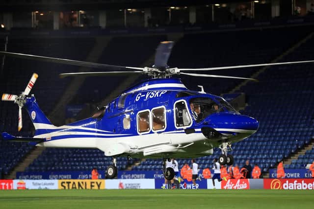 A helicopter belonging to Leicester City owner Vichai Srivaddhanaprabha ahead of the Premier League match at King Power Stadium, Leicester. (Picture: Mike Egerton/PA Wire.)
