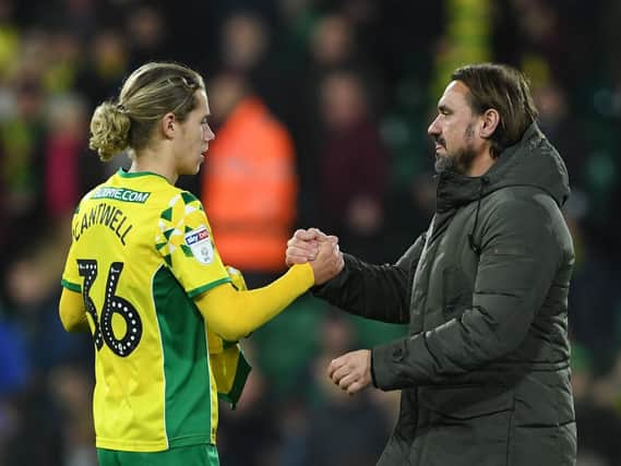 Norwich City boss Daniel Farke, right, with Todd Cantwell