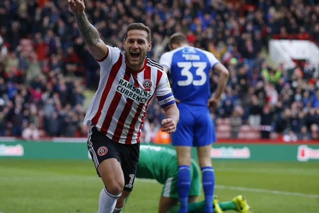 Billy Sharp of Sheffield Utd celebrates scoring his second goal during the Sky Bet Championship match at Bramall Lane Stadium, Sheffield. Picture date 27th October 2018. Picture credit should read: Simon Bellis/Sportimage