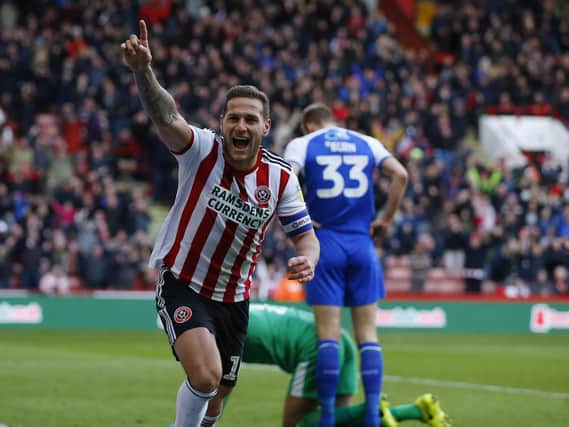 Billy Sharp of Sheffield Utd celebrates scoring his second goal during the Sky Bet Championship match at Bramall Lane Stadium, Sheffield. Picture date 27th October 2018. Picture credit should read: Simon Bellis/Sportimage