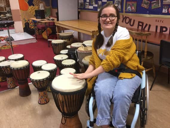 Young wheelchair users in Sheffield learn how to play drums