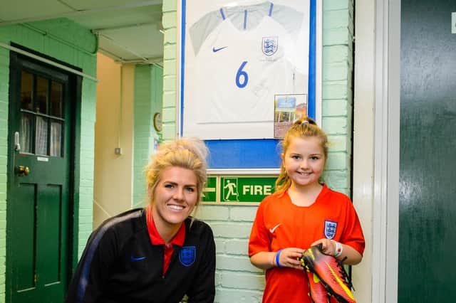 Chelsea and England women's international, Millie Bright returns to her old school to meet pupils. Photo: Ryan Browne
