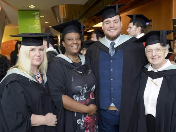 Graduation ceremony at 'Cast' for students from Doncaster College's University Centre. Joanne Gray,Naomi Turner, Adam Johnson and Christine Branton. Picture Scott Merrylees