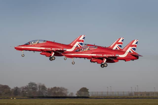 The Red Arrows take to the skies over RAF Scampton during training this autumn (pic: Cpl Ashley Keates)