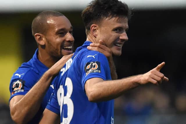 Chesterfield's Jonathan Smith celebrates a goal with Curtis Weston