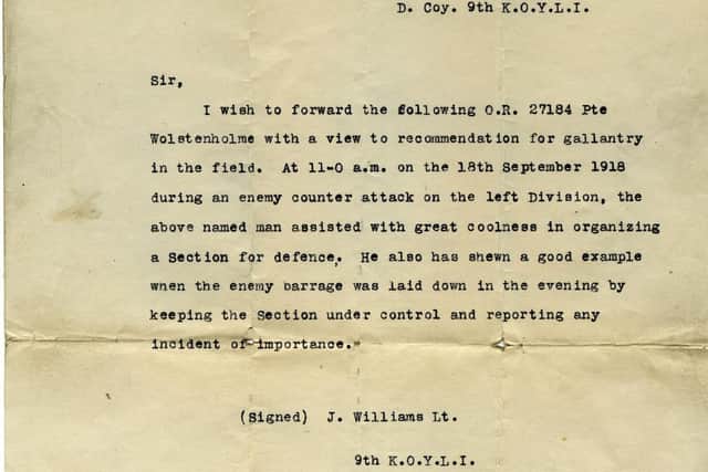 William Reginald Joseph Wolstenholme's letter of commendation for gallantry