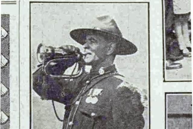 A newspaper picture from May 1931 of Heber Joseph Revitt playing the same bugle that he used to sound the World War One ceasefire at the opening of Serre Memorial Park in Francej