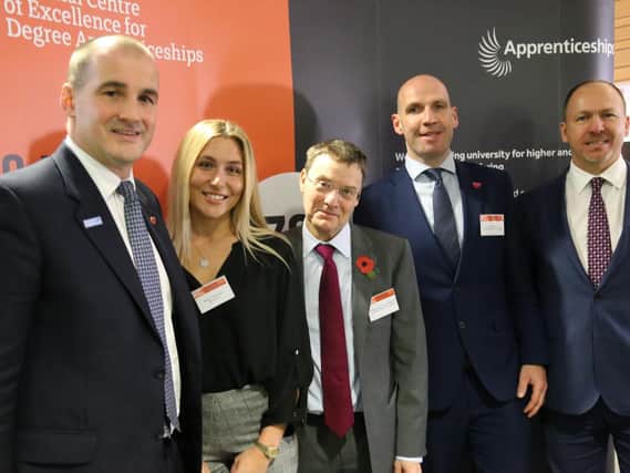 From left: Jake Berry MP, northern powerhouse minister; degree apprentice Megan Williamson; vice chancellor of Sheffield Hallam University, prof Sir Chris Husbands; Conor Moss, group director - business engagement, skills and employability at SHU; professor Kevin Kerrigan, pro vice chancellor for enterprise and dean Sheffield Business School.