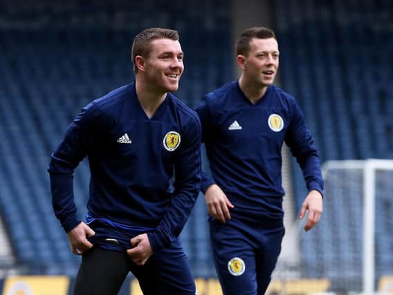 Scotland's John Fleck (left) and Callum McGregor during training: Jane Barlow/PA Wire. EDITORIAL USE ONLY