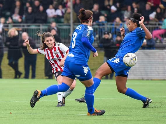 Izzy Ford of Sheffield United scores the first goal of the game during the FA Women's Championship match at the Olympic Legacy Park Stadium, Sheffield.  Harry Marshall/Sportimage