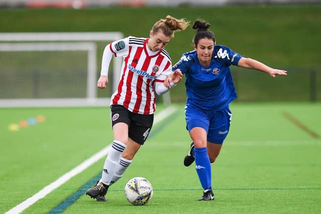 Jade Pennock of Sheffield United battles with Charley Boswell of Lewes during the FA Women's Championship match at the Olympic Legacy Park Stadium, Sheffield.  Harry Marshall/Sportimage