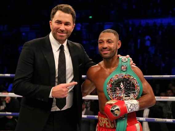 Kell Brook (right) celebrates with Eddie Hearn after he defeats Sergey Rabchenk in their Super-Welterweight contest at the FlyDSA Arena, Sheffield.