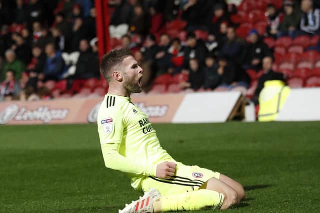 Oliver Norwood of Sheffield Utd celebrates scoring the second goal during the Sky Bet Championship match at the Griffin Park Stadium, London.  David Klein/Sportimage