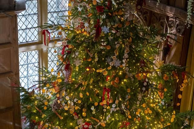 The Christmas tree in the banqueting hall of Haddon Hall Gardens